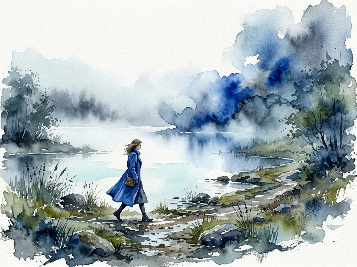 Blue contemporary watercolor landscape with a woman walking beside a lake