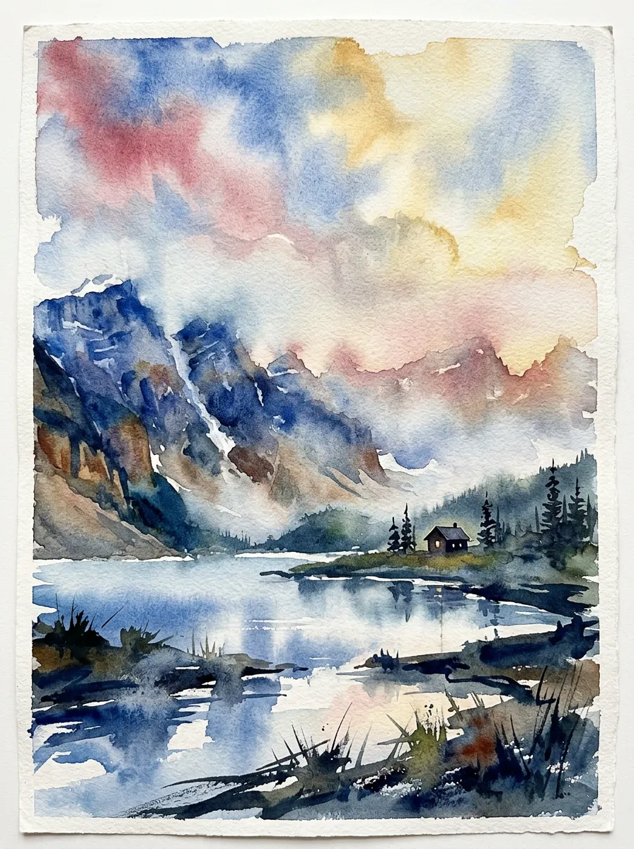 Loose blue watercolor mountain lake landscape