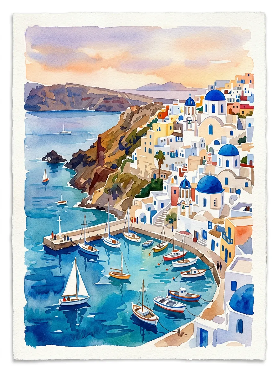 House and neighborhood rendered as a watercolor travel poster