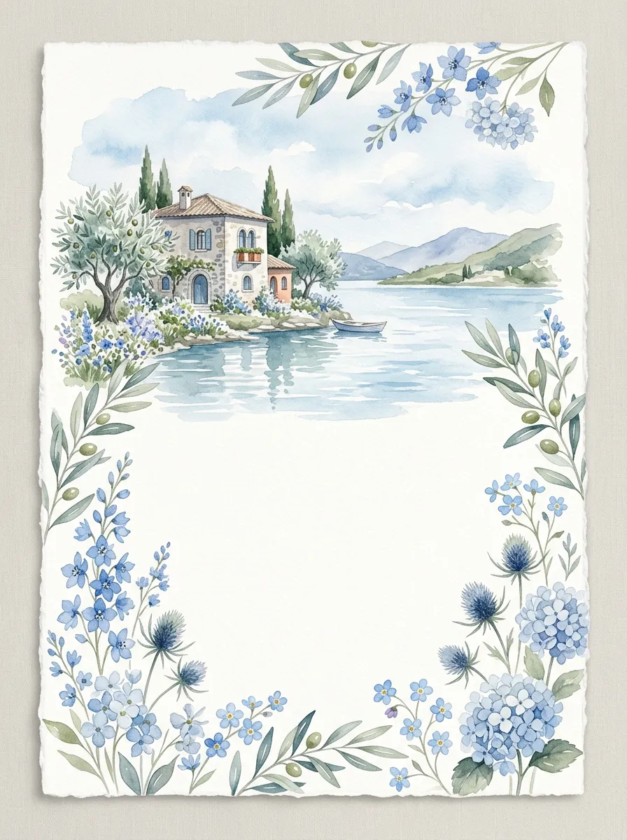 Watercolor wedding invitation artwork with blue flowers