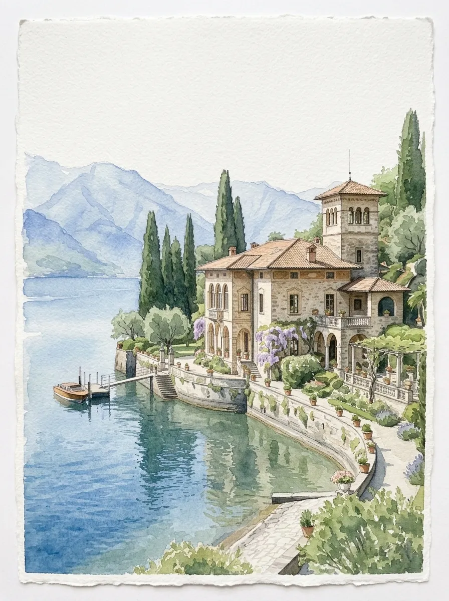 Watercolor painting of a lakeside wedding villa